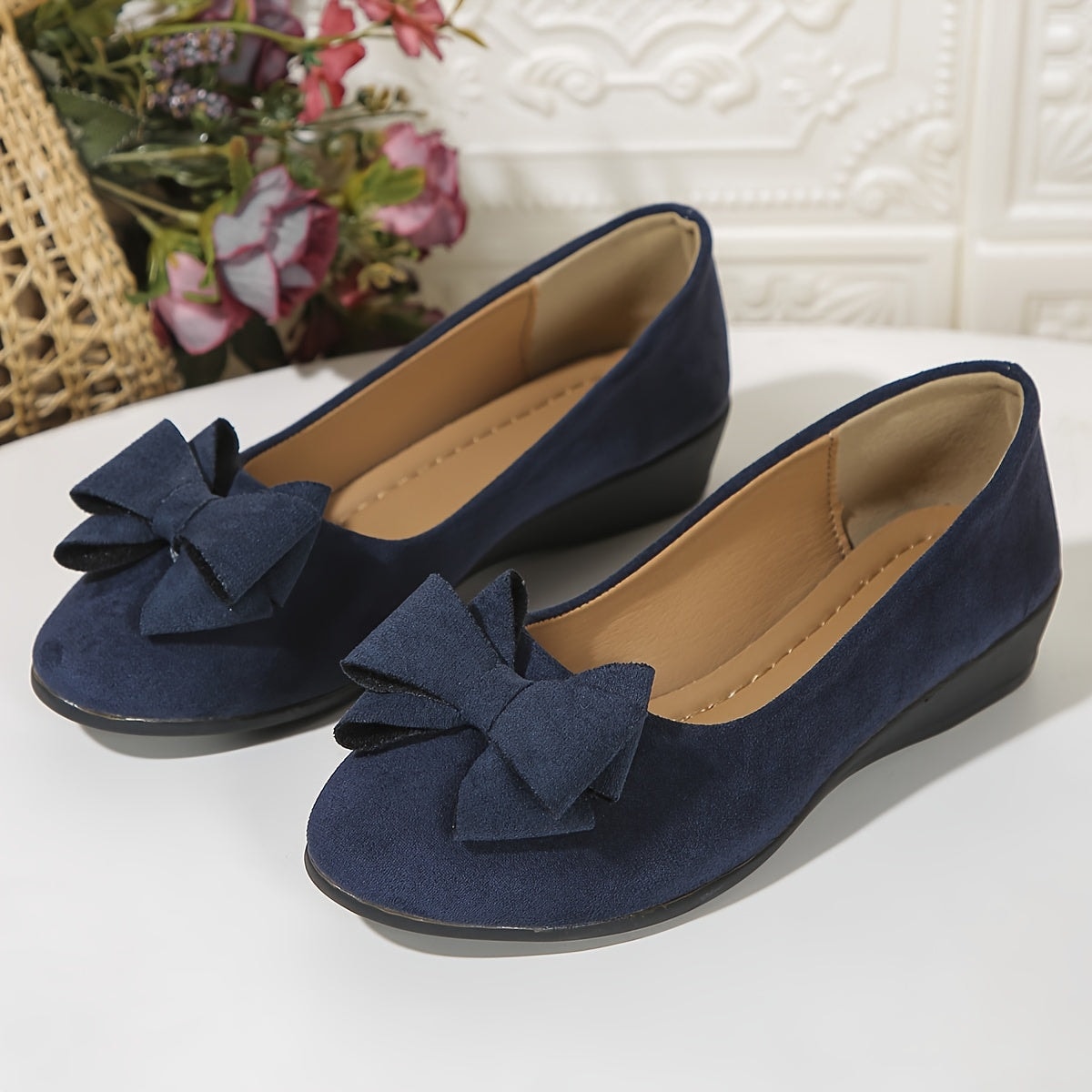 Maisie Faux Suede Slip-On Wedge Ballet Flats with Bow and Rounded Toe