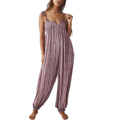 Women's Boho Harem Linen Jumpsuit with Tie-Shoulder Straps