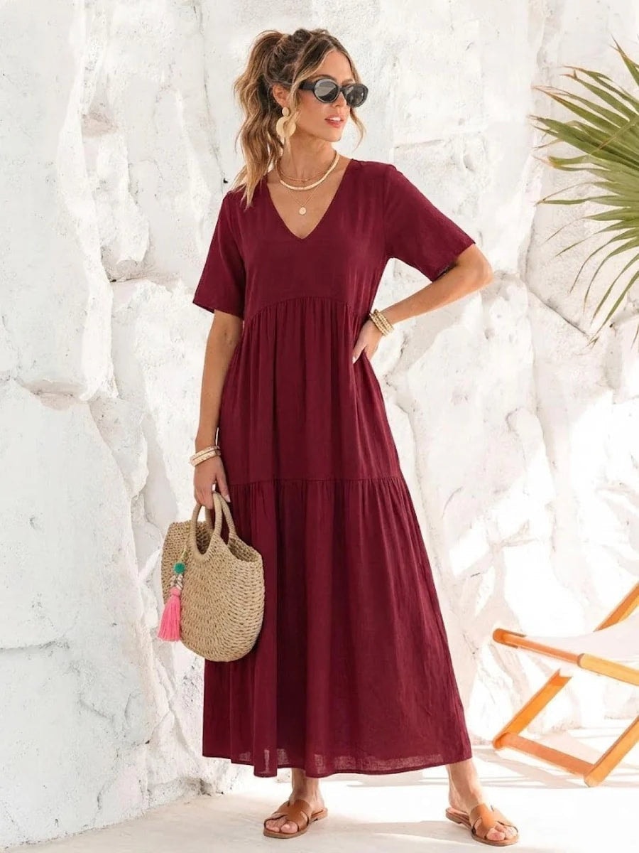 Women's Tiered Ruffle V-Neck Midi Dress with Short Sleeves in Polyester