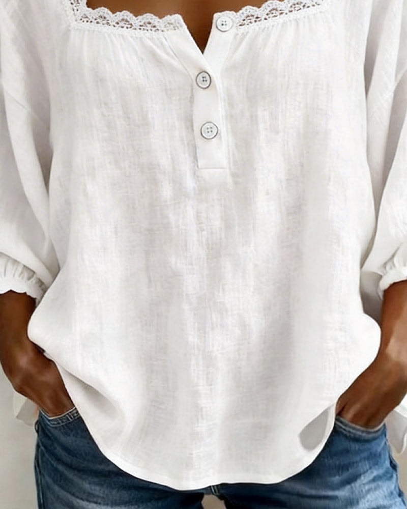 Women's Cotton Linen Long Sleeve Blouse with Square Neckline and Lace Trim