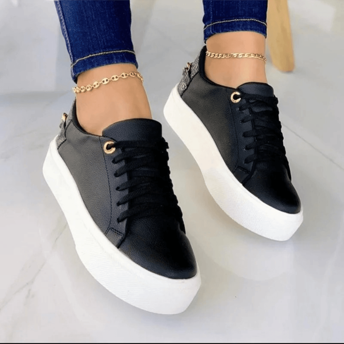 Leather Lace-Up Sneakers with Thick Platform Sole and Metallic Chain Detail
