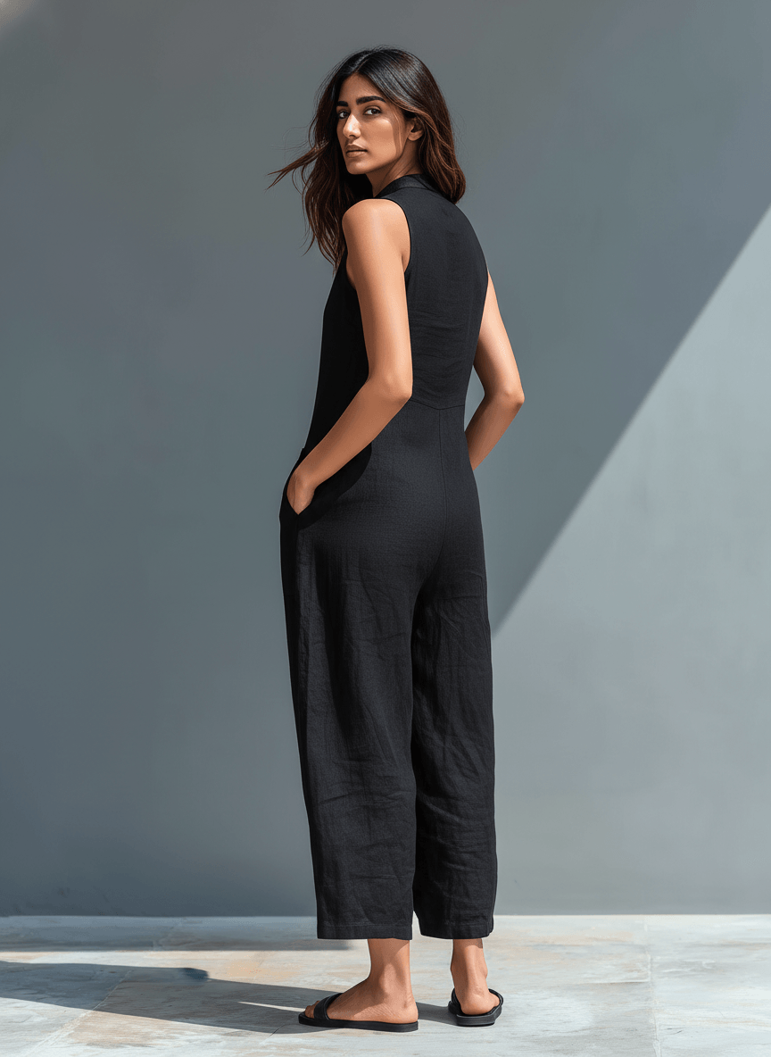 Women's High-Collar Linen Blend Jumpsuit with Button Front and Pockets