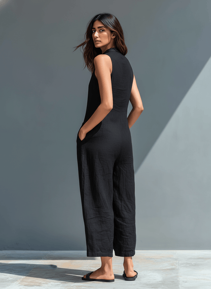 Women's High-Collar Linen Blend Jumpsuit with Button Front and Pockets