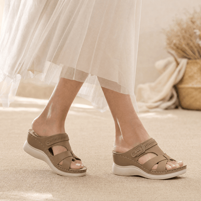Arch-Support Wedge Slide Sandals with Adjustable Buckle Strap