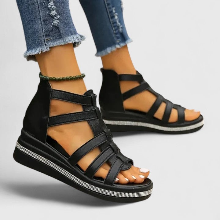 Women's Cushioned Wedge Sandals with Rhinestone Trim Straps