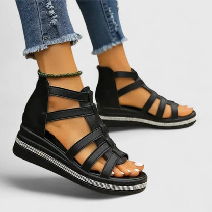 Women's Cushioned Wedge Sandals with Rhinestone Trim Straps