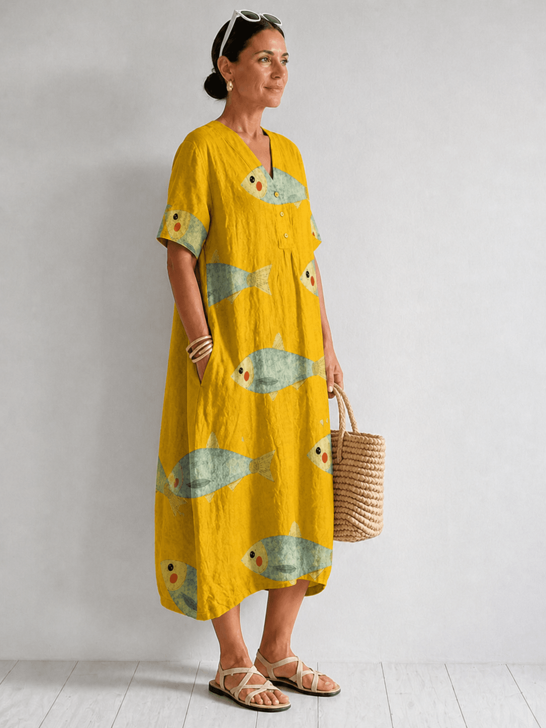 Agnes Fish Print Cotton V-Neck Dress for Women in Midi Length