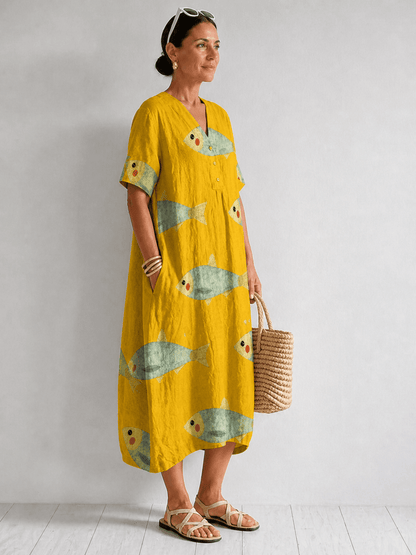 Agnes Fish Print Cotton V-Neck Dress for Women in Midi Length