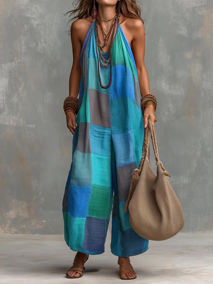 Women's Patchwork Linen-Cotton Jumpsuit with Wide Legs and V-Neck