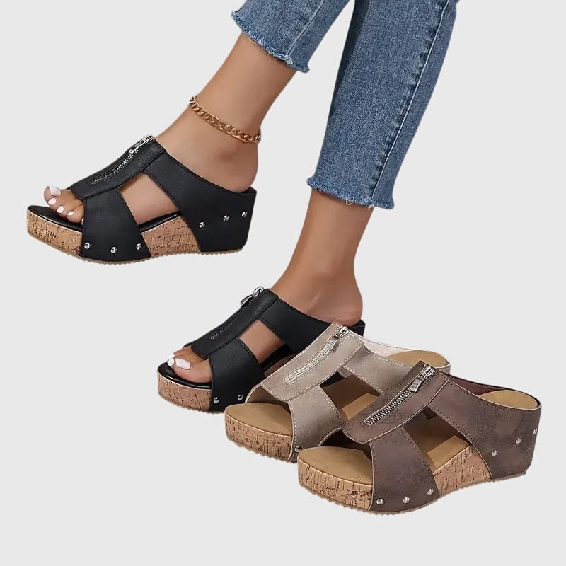 Jazlyn Orthopedic Open-Toe Wedge Sandals with Front Zip and Metal Stud Detail