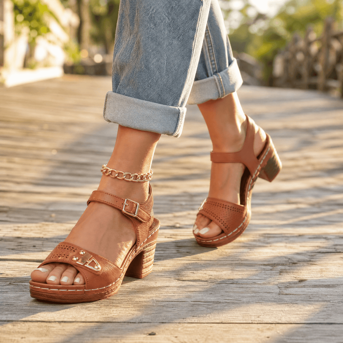 Women's Cushioned Block Heel Sandals with Buckle Ankle Strap