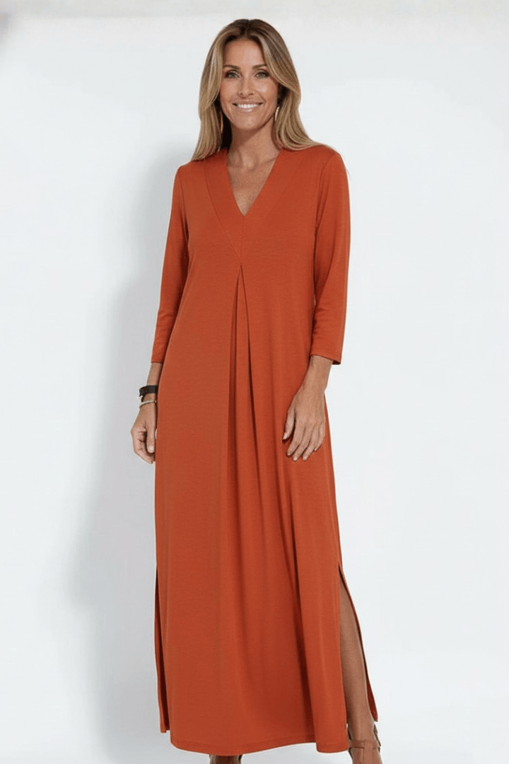 Women's Long Sleeve V-Neck Jersey Knit Maxi Dress with Side Slit