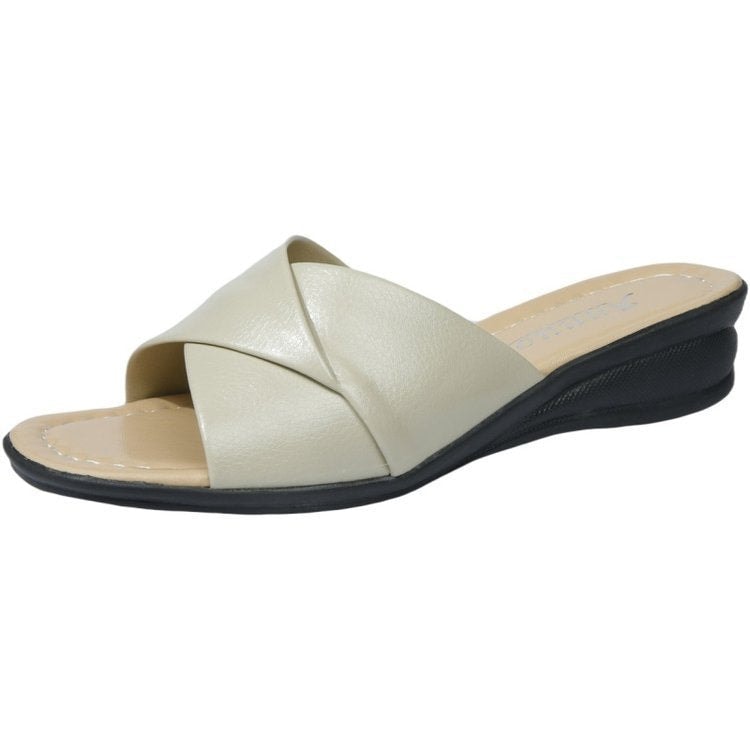 Comfortable Slide Sandals with Crossed Straps and Low Wedge Heel