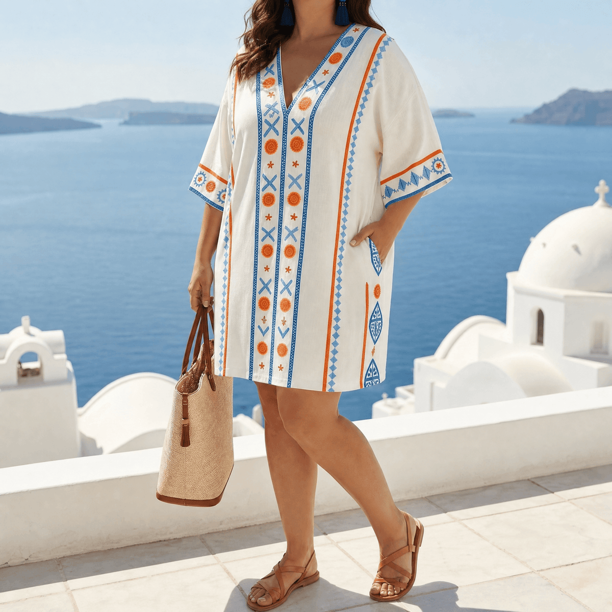 Embroidered Boho Kaftan Mini Dress for Women
