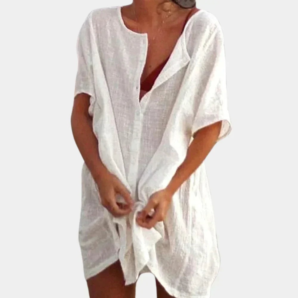 Linen-Blend Short Sleeve Tunic Top with Relaxed Fit and Button Front