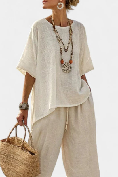 Marley Linen Two-Piece Matching Set with Asymmetrical Top and Wide-Leg Pants