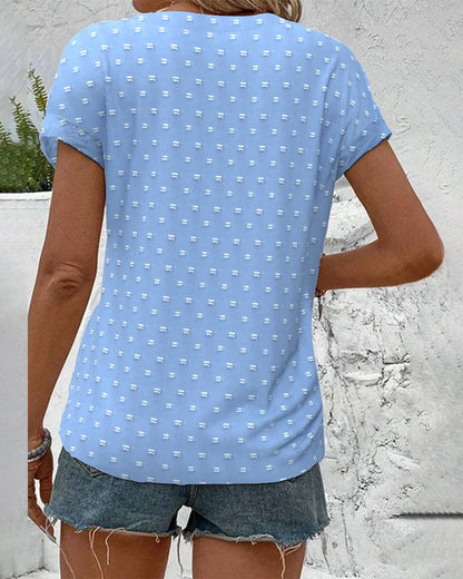 Amarys Printed Button-Down V-Neck Top with Short Sleeves