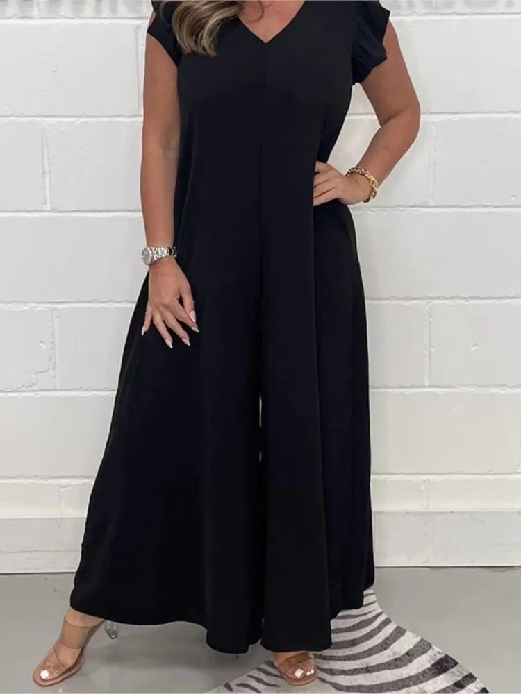 Sabrina Wide Leg Jumpsuit with Ruffled Sleeves and V-Neck