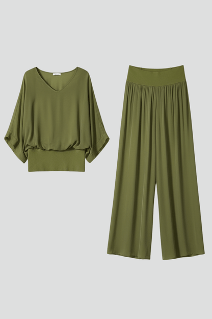 Women's Matching Two Piece Set with Dolman Sleeve Top and Wide-Leg Pants