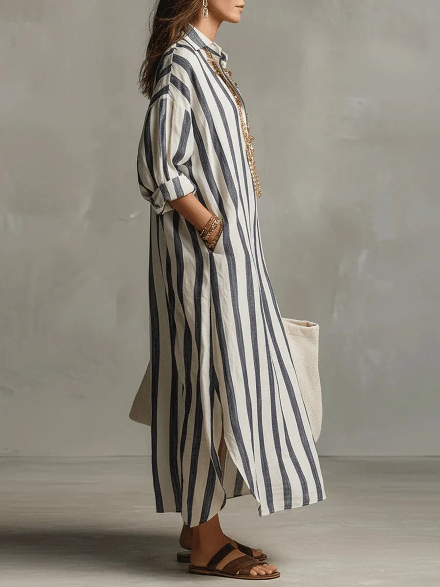 Pepa Striped Cotton Women's Midi Dress with Shirt Collar and Rolled Sleeves