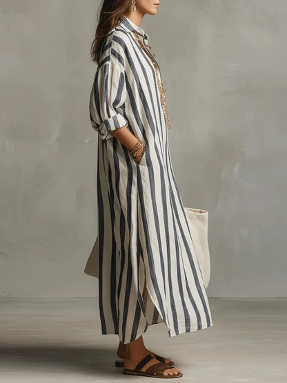 Pepa Striped Cotton Women's Midi Dress with Shirt Collar and Rolled Sleeves