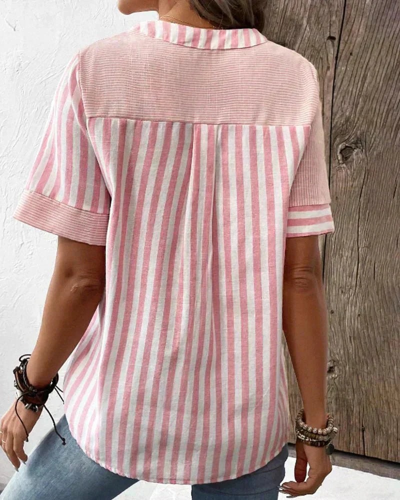 Women's Striped Button-Front Top with Short Sleeves