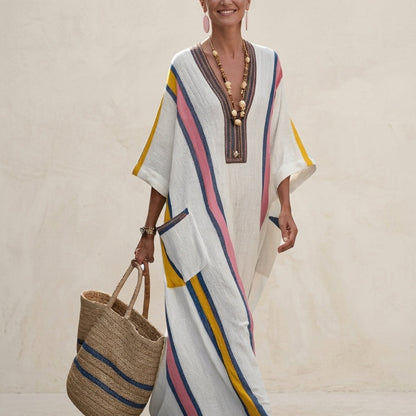 Calveth Relaxed Striped Linen Summer Maxi Dress with Patch Pockets