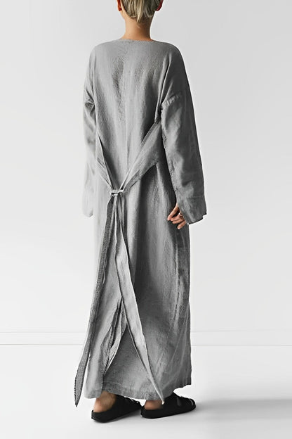 Women's Linen Wrap-Tie Long-Sleeve Dress with Belted Waist
