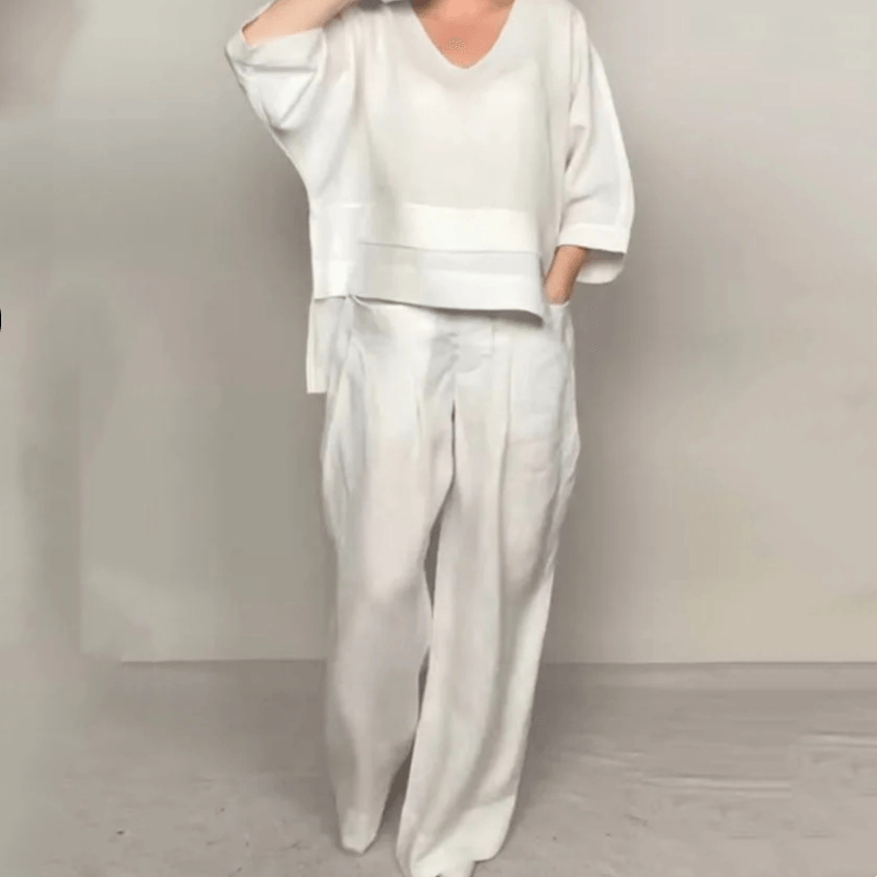 Cotton Linen Matching Two-Piece Set with V-Neck Top and Wide-Leg Pants