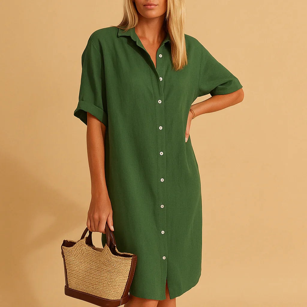 Women's Relaxed Cotton-Blend Button-Down Midi Dress with Short Sleeves