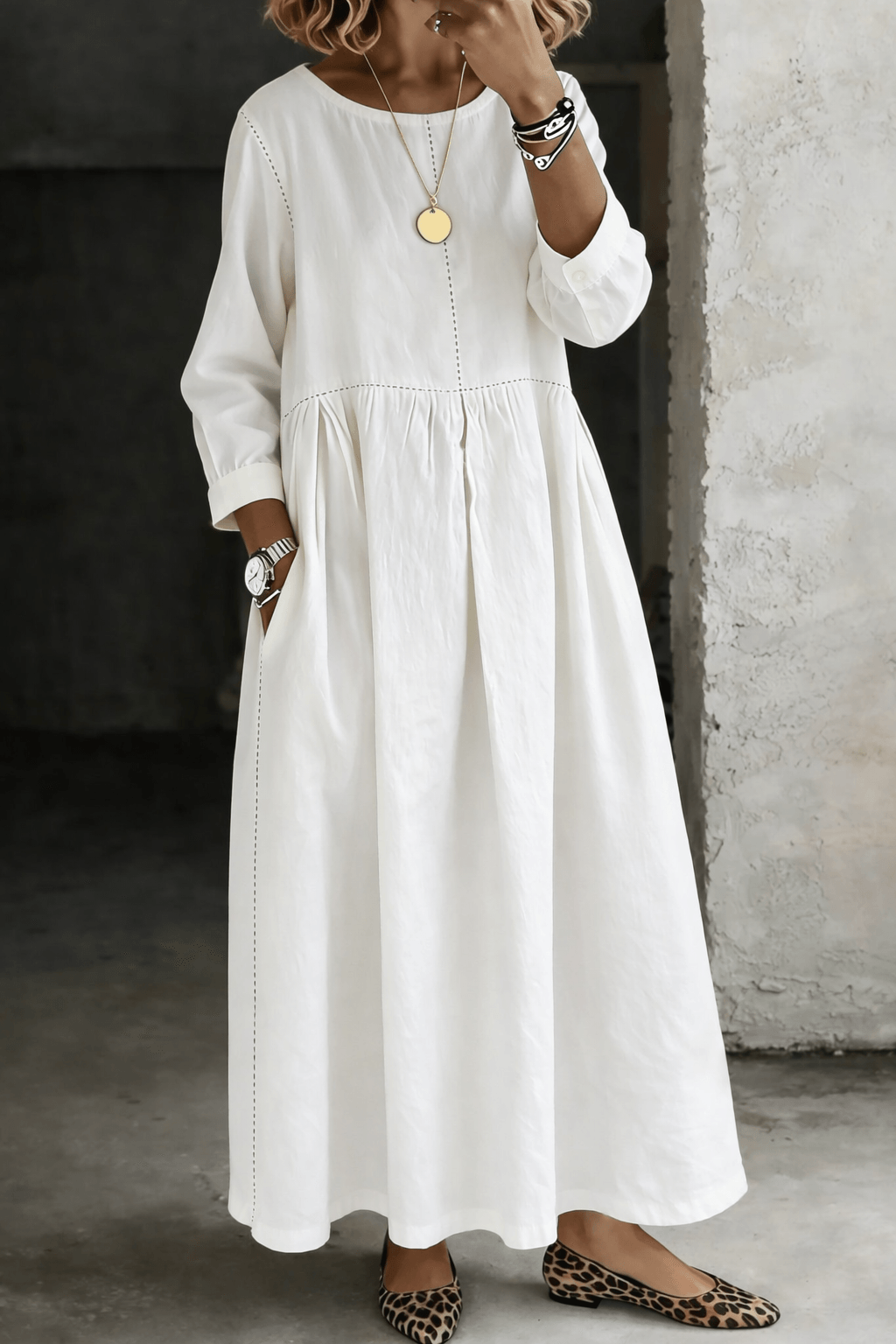 Melissa Round Neck Long Sleeve Denim Maxi Dress with Pockets