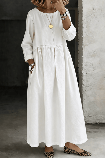 Melissa Round Neck Long Sleeve Denim Maxi Dress with Pockets