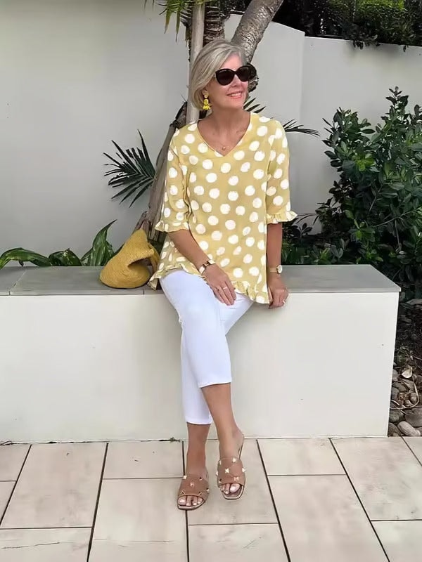 Clara Women's Ruffle Hem Polka Dot V-Neck Top with Elbow Sleeves