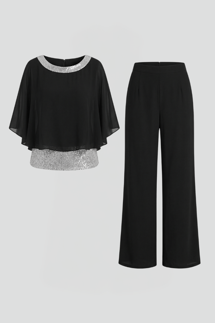 Women's Matching Two-Piece Set with Sequin Chiffon Cape Top and Wide-Leg Pants