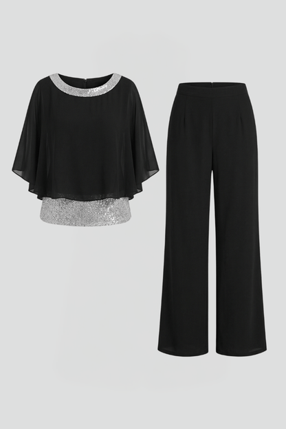 Women's Matching Two-Piece Set with Sequin Chiffon Cape Top and Wide-Leg Pants