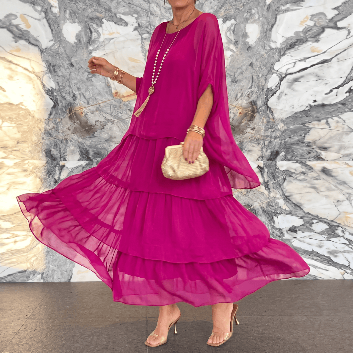 Marella Tiered Chiffon Midi-to-Maxi Dress with Batwing Sleeves