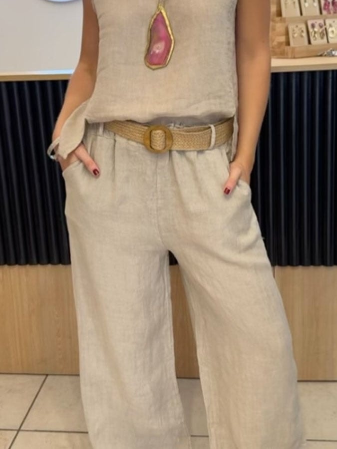 Women's Sleeveless Wide-Leg Linen Jumpsuit with Elastic Waist