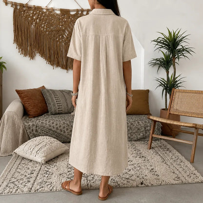 Lunavia Oversized Linen-Look Midi Summer Shirt Dress with Short Sleeves