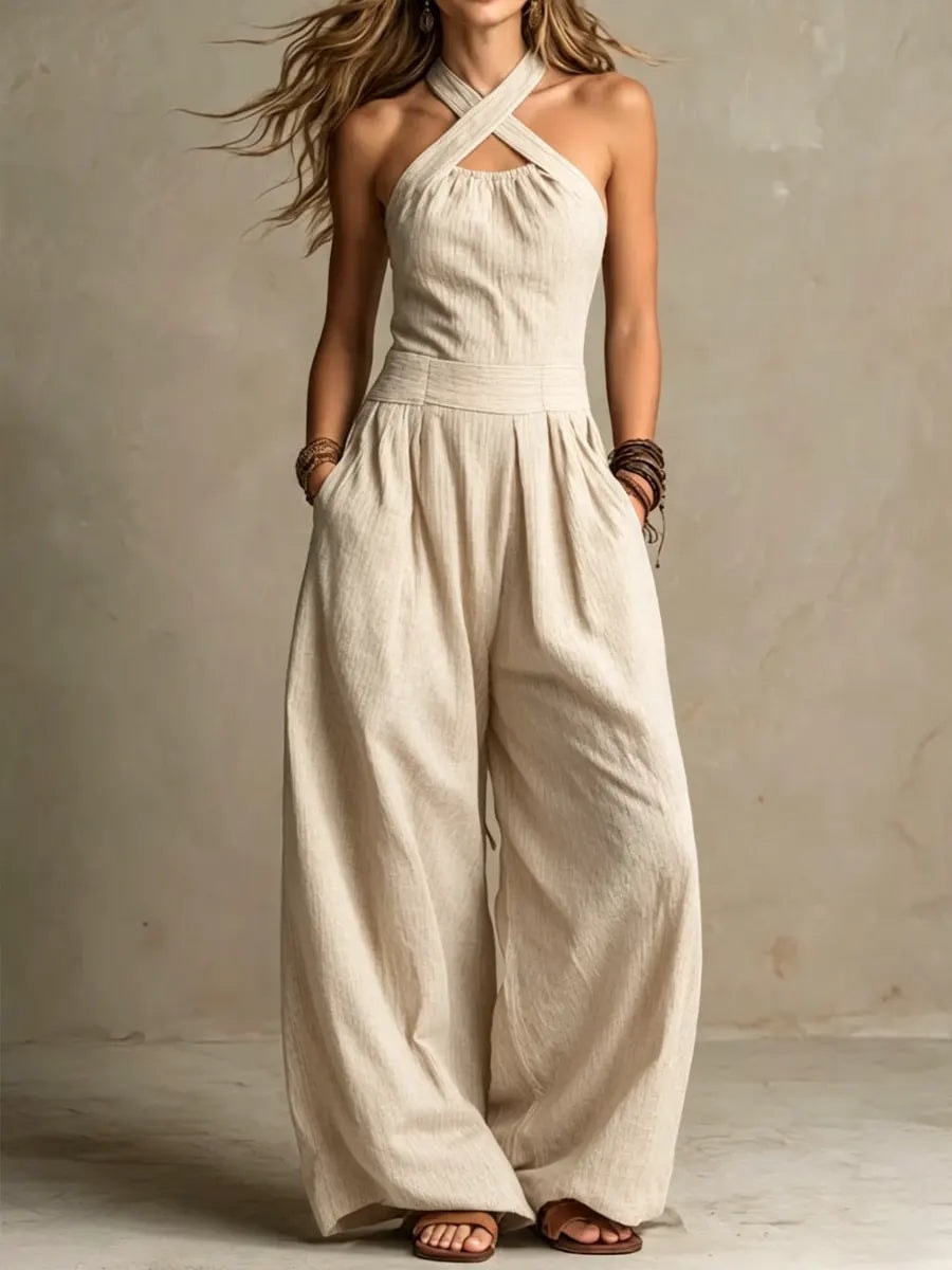 Women's Linen Blend Halter Cross-Neck Wide-Leg Jumpsuit