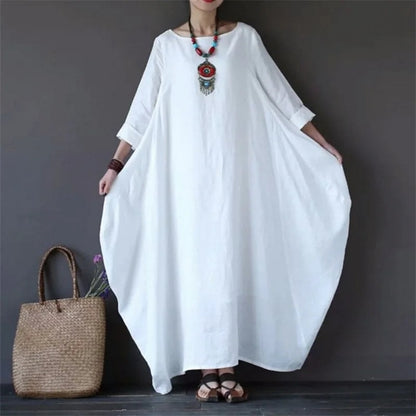 Relaxed Fit Cotton Maxi Dress with Mid-Length Sleeves and Swing Skirt