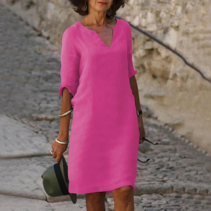 Women's V-Neck Half-Sleeve Polyester Midi Dress