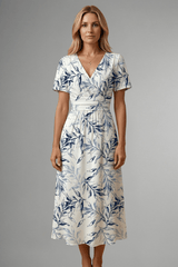 Floral Print V-Neck Midi Dress with Flutter Sleeves for Women