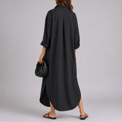 Relaxed Linen Button-Front Women's Summer Maxi Dress with Side Slit