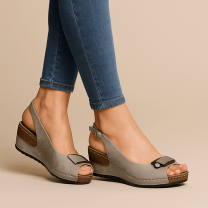 Slingback Peep Toe Leather Sandals with Buckle Strap and Wedge Heel
