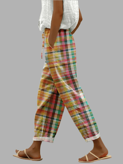 Noëlle Plaid Linen Summer Pants with Drawstring Waist and Cuffed Hems