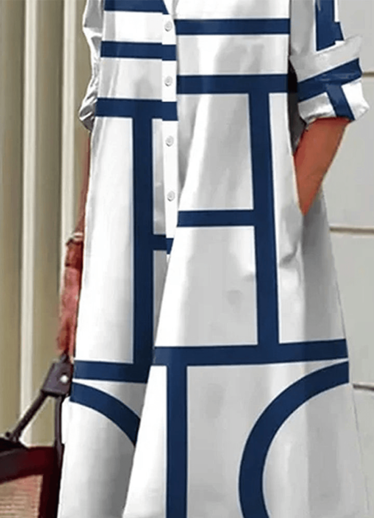 Geometric Print Collared Women's Midi Dress with Side Pockets