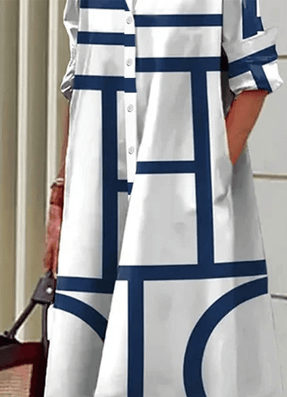 Geometric Print Collared Women's Midi Dress with Side Pockets