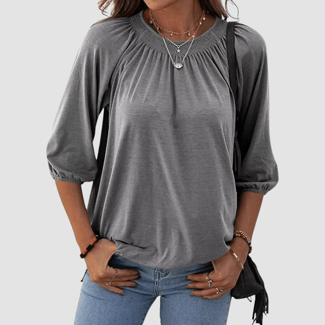 Women's Loose-Fit Shirred Neck Top with Balloon Sleeves