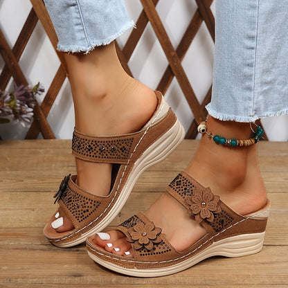 Delor Open-Toe Slide Sandals with Flower Detail and Rhinestone Wedge Sole