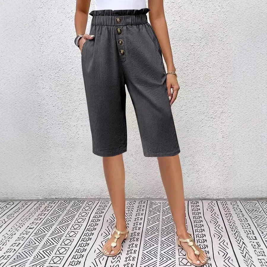 Éloane Paperbag-Waist Button-Front Linen-Cotton Bermuda Shorts
